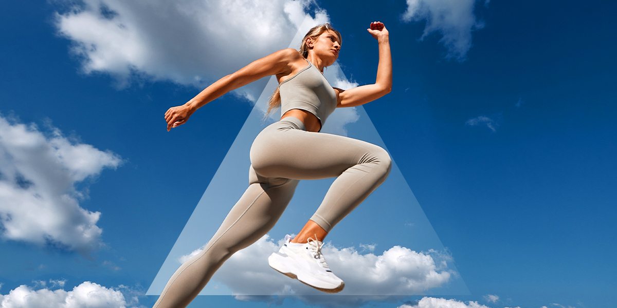 Illustration of a person running, set against a pyramid and sky background