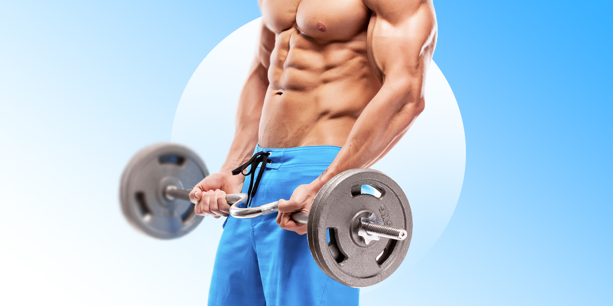 Muscular shirtless person lifting weights in blue background