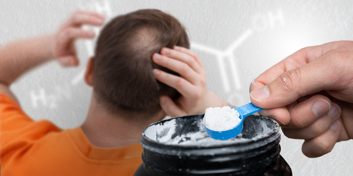 person checking their hair while a hand with creatine powder reaches out