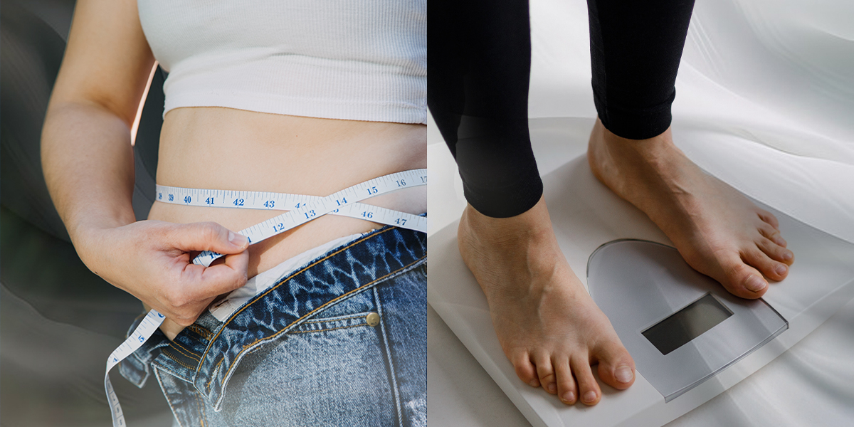 Measuring waist and standing on scales