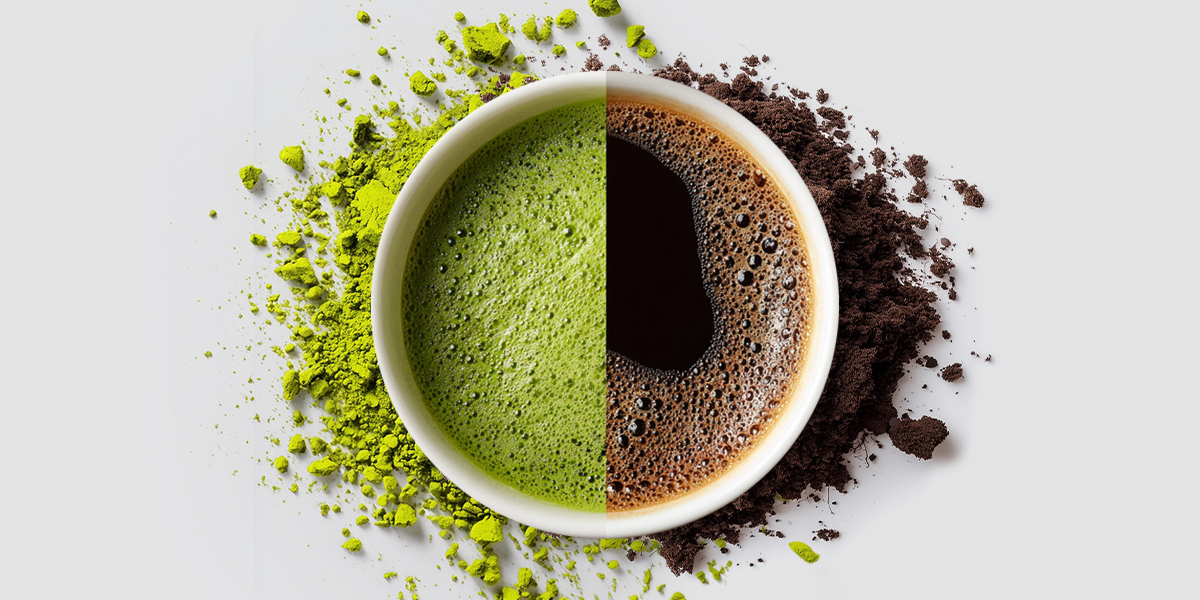 Matcha and Coffee split in a cup