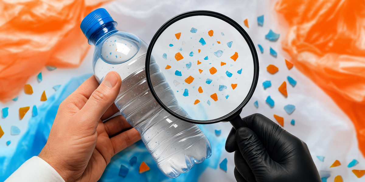 Magnifying glass checking microplastics in water bottle