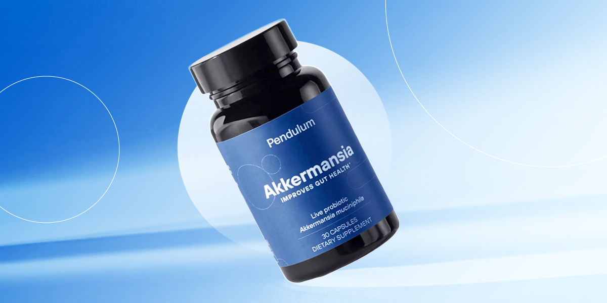 A bottle of Pendulum Akkermansia probiotics on a blue background
