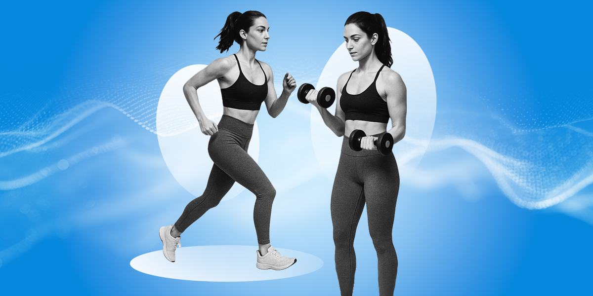 Two persons one doing cardio the other working out blue background