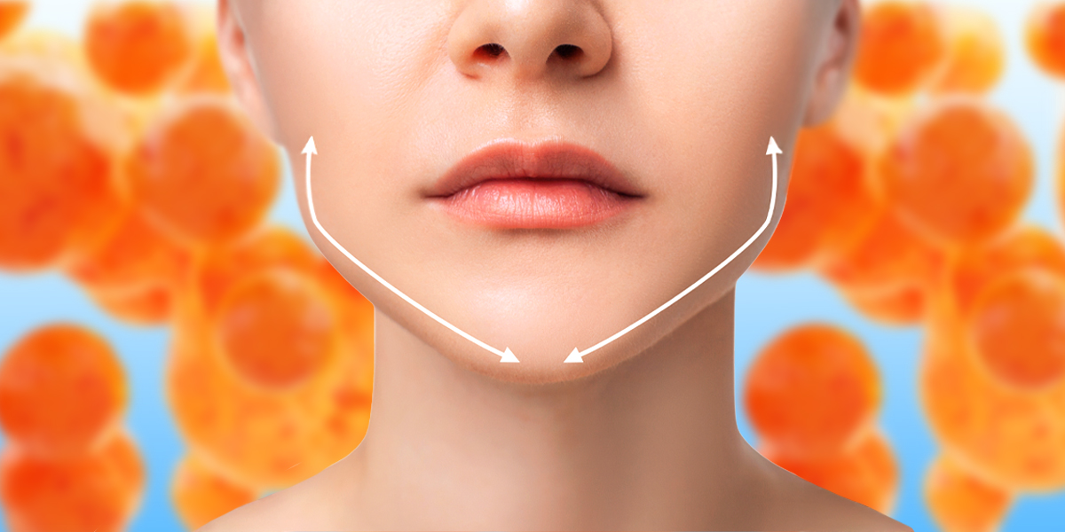Half a face with arrows pointing to chin to reduce face fat in orange background