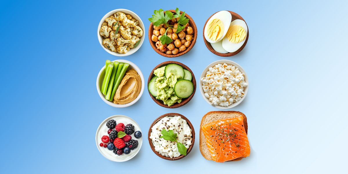 Low carb bowls of food in blue background