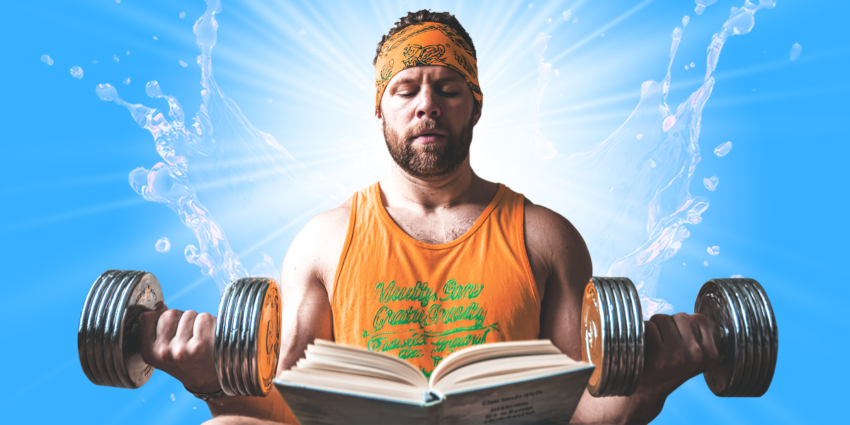 Person lifting dumbells with book in front