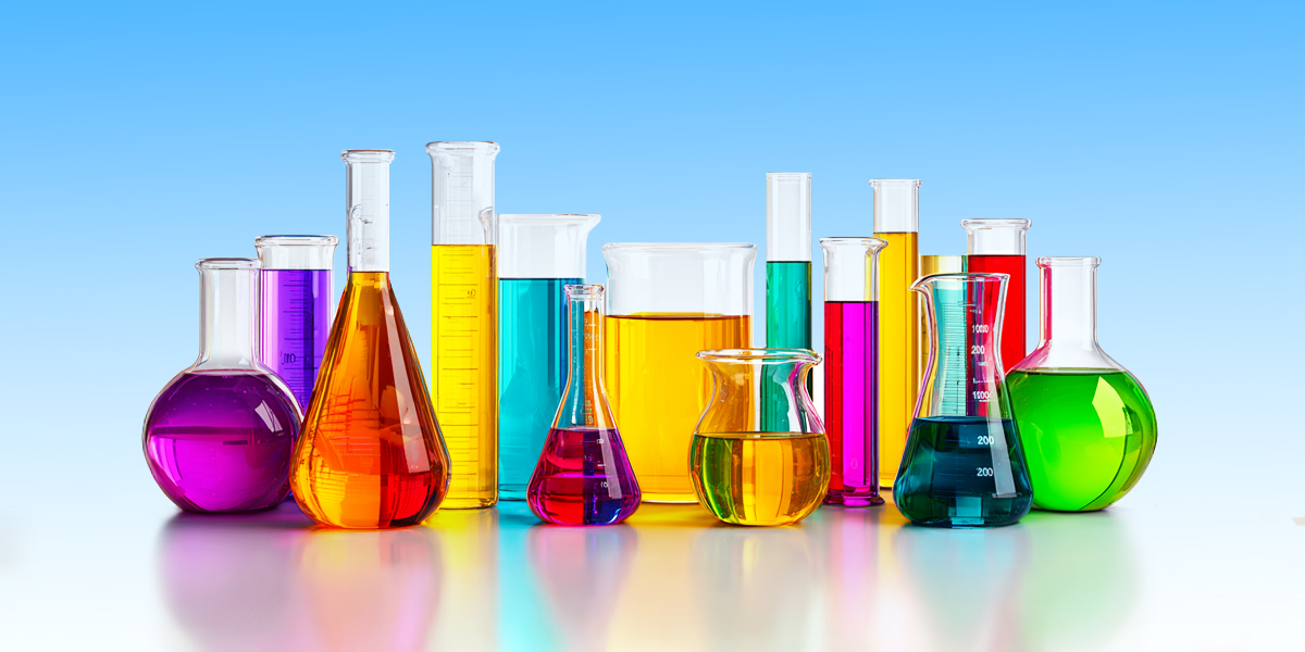 Different colored chemical glass bottles