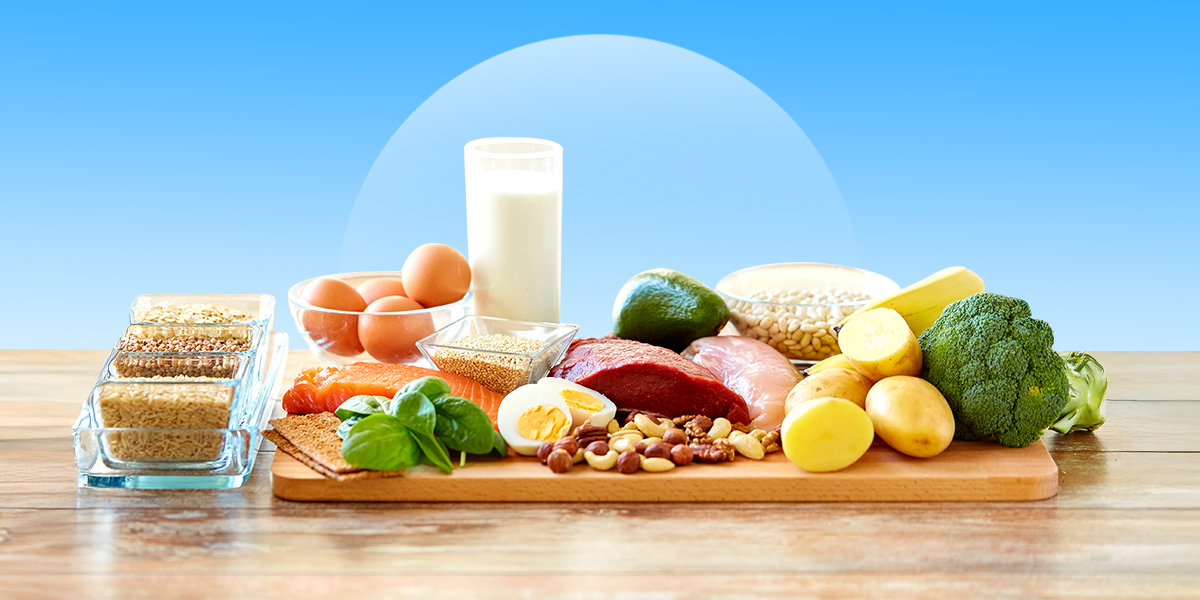 Different sources of protein on a cutting board