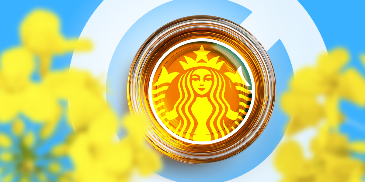 Starbucks logo in a cup with filled with canola oil