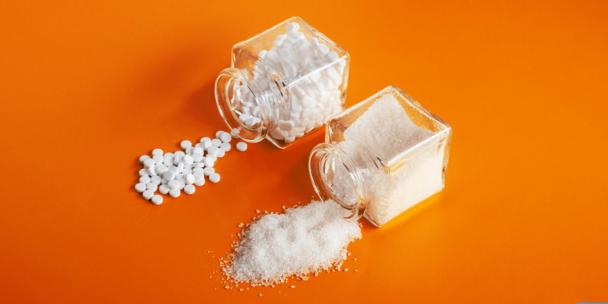 Sugar and substitute in glass containers spilled