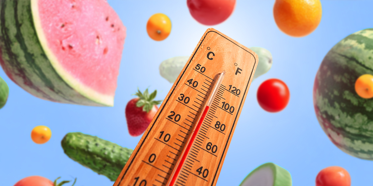 A thermometer showing high temperature and watermelons and cucumbers on a background
