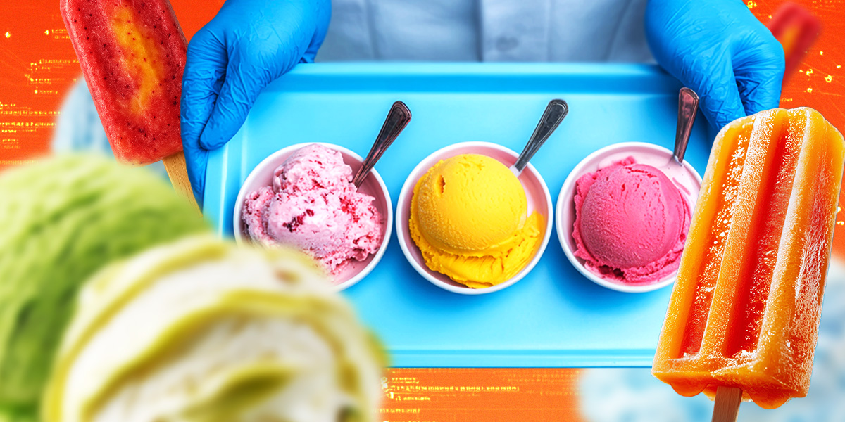 Different ice creams on a blue tray served
