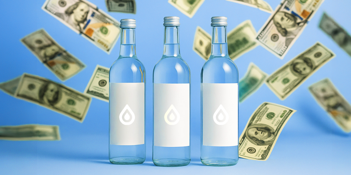 Three bottles of water with dollar bills around them on a blue background