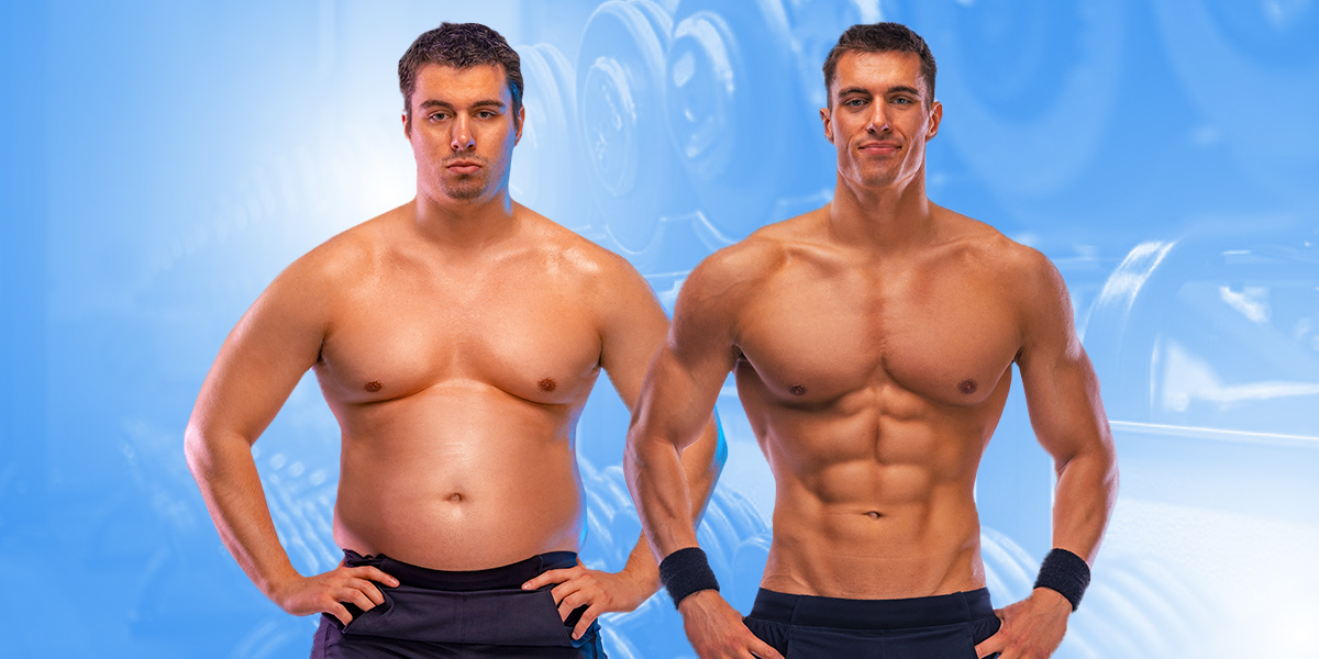 Fat and muscular person side to side blue background