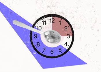 Collage of a spoonful of vitamin D pills in an illustrated clock background