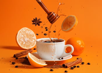 Coffee and honey in orange background