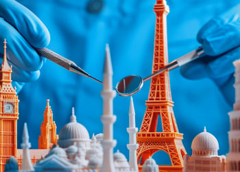 Dentis holds btools over small replicas of famous monuments