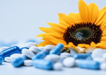 Sunflower bud and white and blue pills in a background