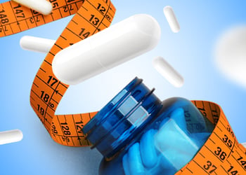 Collage of a blue bottle containing probiotics for weight loss with a measuring tape