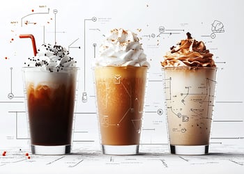 Three pumpkin spice lattes with an illustrative composition of their ingredients
