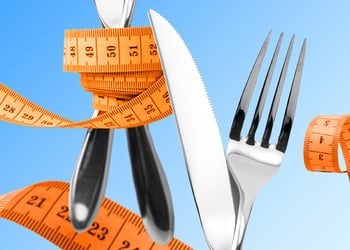 Illustration of a measuring tape and forks, set against a blue background