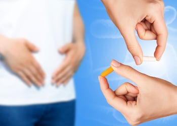 Collage of a person holding their stomach and two other hands holding white and orange capsules
