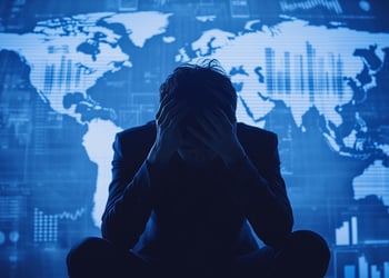 Person with head in hands against a blue world map with data charts, conveying SAD