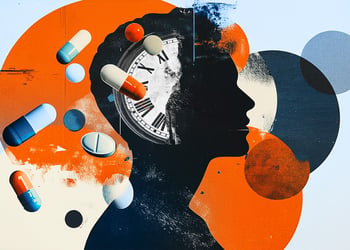 Illustration of a person, clock and supplement pills in a blue and orange background