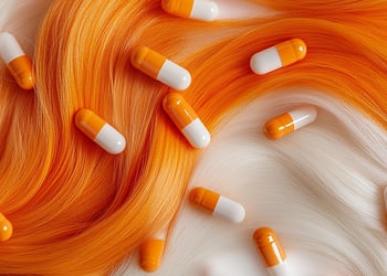 Image of orange and white supplement capsules scattered over long hair