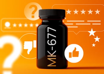 Image of MK-677 on an orange background with review symbols, like and dislike buttons