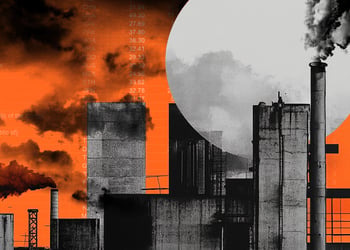 Collage of industrial buildings emitting smoke, on an orange background with overlaid numbers