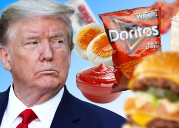Collage of Donald Trump surrounded by various snacks set against a blue background