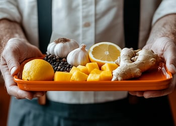 Amish man holding orange platter with oranges, garlic, and ginger