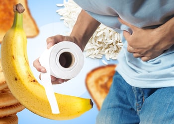 Person having stomach problems holding toilet paper with BRAT diet foods in the background
