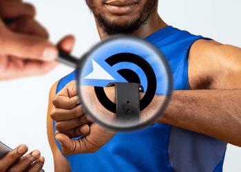 Collage of a person looking at the fitness tracker on their hand under a magnifying glass