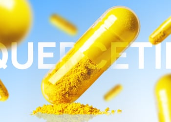 Splashes of yellow pills, with the word 'Quercetin' displayed in bold text