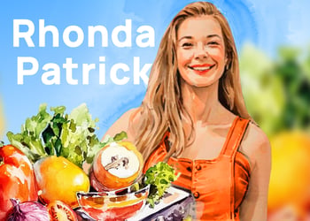 Illustration of Rhonda Patrick with a table full of vegetables