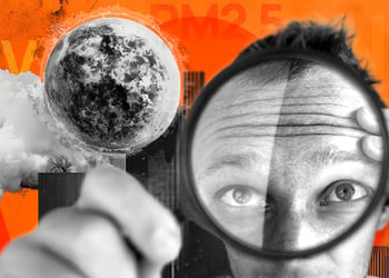 A collage of a person under a magnifying glass set against an orange background