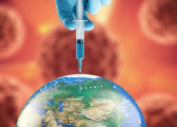 Vaccine injecting into a blue globe on an orange background