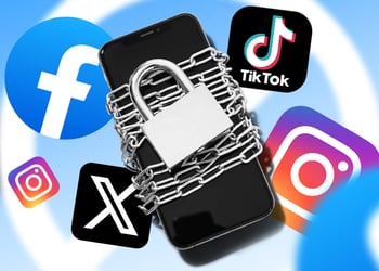 Chained and locked smartphone with icons of popular social media apps like X and TikTok.