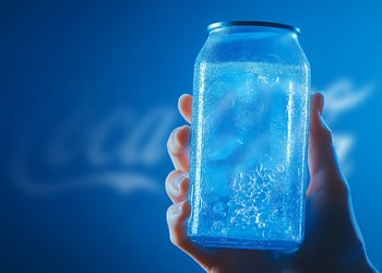 A hand holding a blue can with Coca-Cola's logo in the background