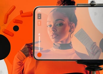 Collage of a person standing in front of a phone filming a live video