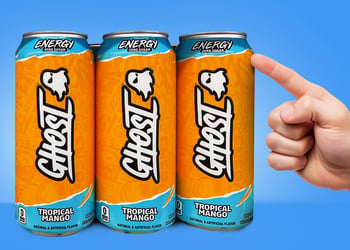 Hand pointing to orange cans of Ghost energy drink on blue background
