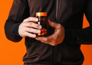 Person holding a supplement bottle set against an orange background
