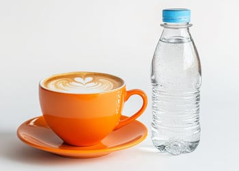 A cappuccino in a mug next to a bottle of sparkling water