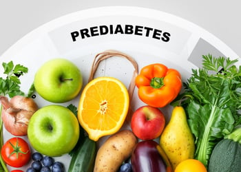 Plate full of vegetables and greens with the word prediabetes on it