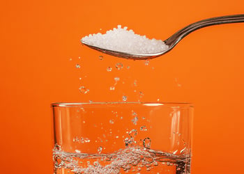Pouring a spoonful of salt into a glass of water