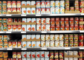 Canned food products in a supermarket.