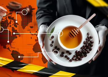 Collage of a person holding a bowl of honey, set against an orange world map background